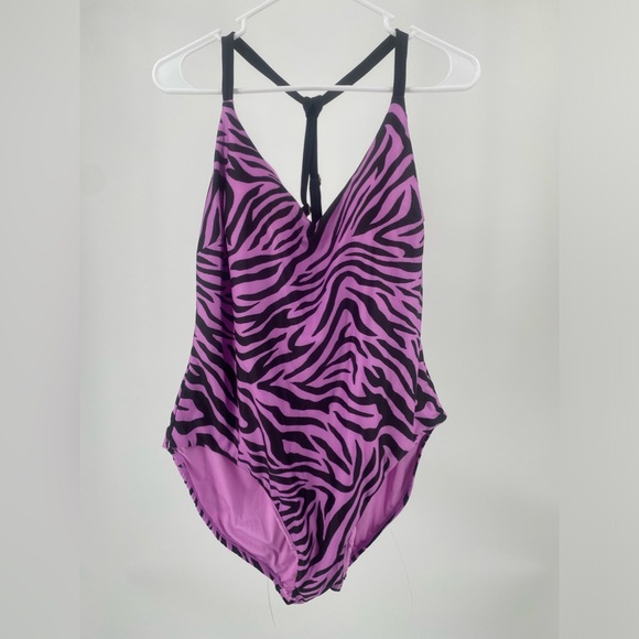 Women’s one piece swimsuit, purple‎ and black zebra stripe - Picture 1 of 12